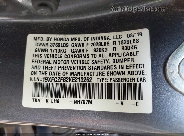 19XFC2F82KE213262 2019 HONDA CIVIC Gray ძრავის განყოფილების ხედი