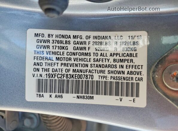 19XFC2F83KE007870 2019 HONDA CIVIC Silver Շարժիչի բաժամունքի տեսք