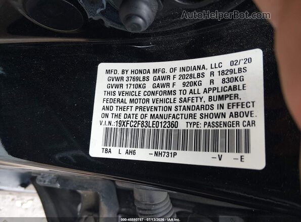 19XFC2F83LE012360 2020 HONDA CIVIC Black Engine compartment view