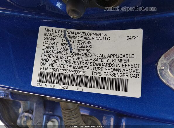 19XFC2F83ME003403 2021 HONDA CIVIC Blue Vista del compartimento del motor