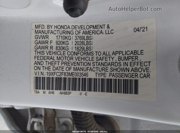 19XFC2F83ME003546 2021 HONDA CIVIC Белый Вид подкапотного пространства