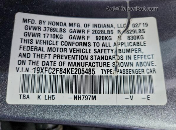 19XFC2F84KE205485 2019 HONDA CIVIC Угольный Вид подкапотного пространства