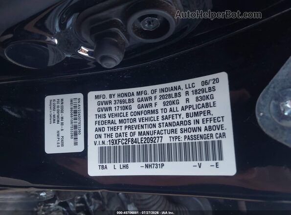 19XFC2F84LE209277 2020 HONDA CIVIC Black Engine compartment view