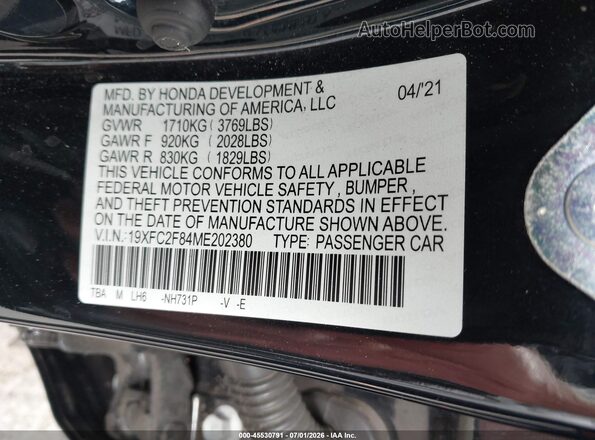 19XFC2F84ME202380 2021 HONDA CIVIC Black Widok komory silnika