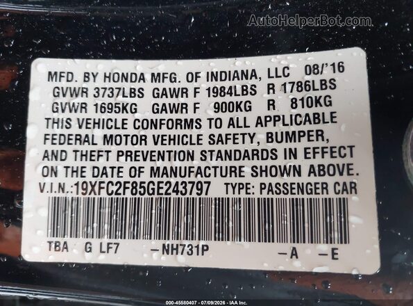 19XFC2F85GE243797 2016 HONDA CIVIC Черный Вид подкапотного пространства