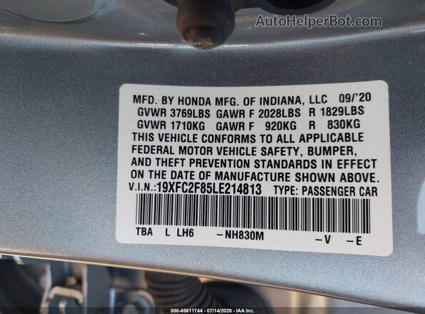 19XFC2F85LE214813 2020 HONDA CIVIC Silver Vista del compartimento del motor