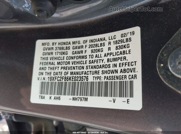 19XFC2F86KE023576 2019 HONDA CIVIC Gray Engine compartment view