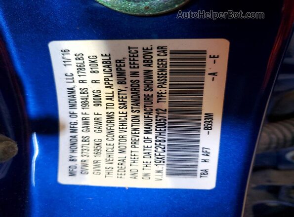 19XFC2F87HE005712 2017 HONDA CIVIC Blue Vista del compartimento del motor