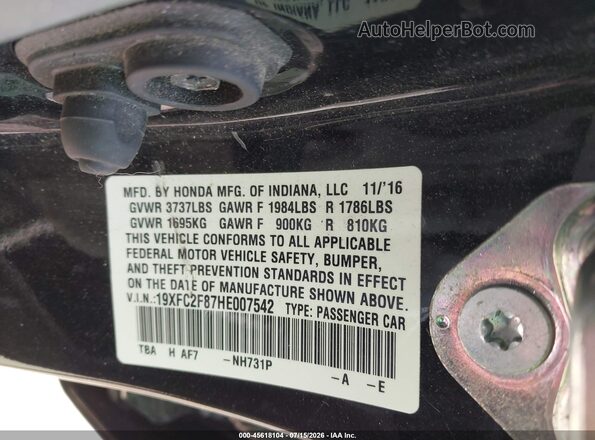 19XFC2F87HE007542 2017 HONDA CIVIC Black ძრავის განყოფილების ხედი