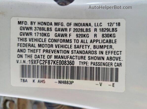 19XFC2F87KE008360 2019 HONDA CIVIC White Vista del compartimento del motor