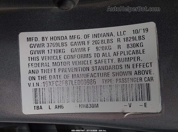 19XFC2F87LE000986 2020 HONDA CIVIC Silver Widok komory silnika