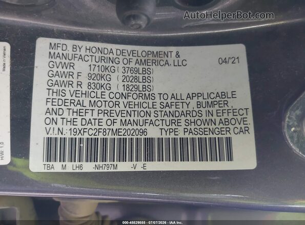 19XFC2F87ME202096 2021 HONDA CIVIC Gray ძრავის განყოფილების ხედი