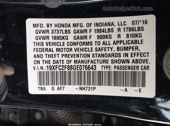 19XFC2F88GE076643 2016 HONDA CIVIC Black Вид підкапотного простору
