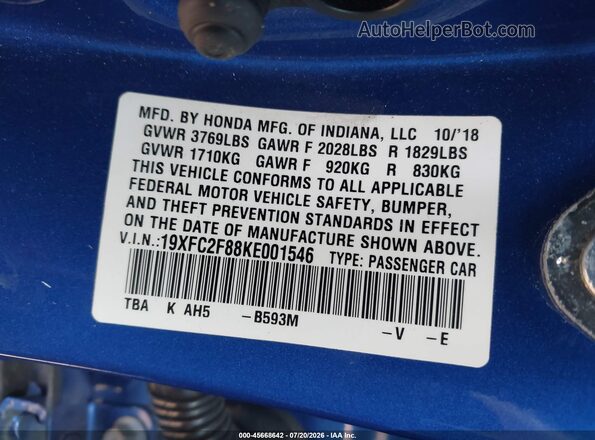 19XFC2F88KE001546 2019 HONDA CIVIC Blue Вид підкапотного простору