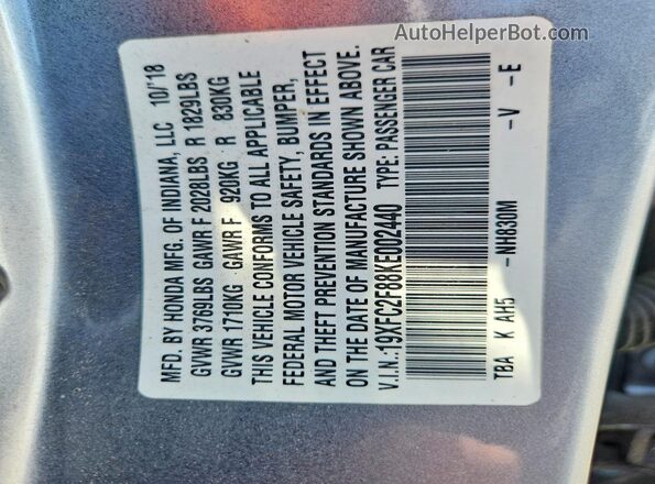 19XFC2F88KE002440 2019 HONDA CIVIC Silver VIN sticker view