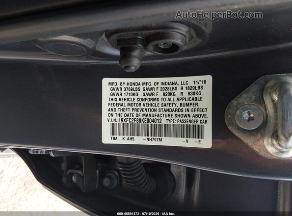 19XFC2F88KE004012 2019 HONDA CIVIC Серый Вид подкапотного пространства