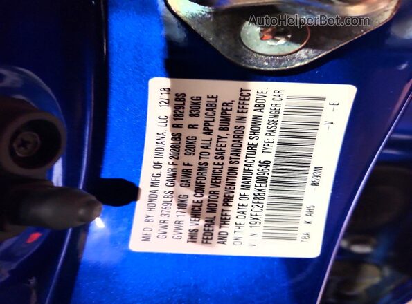 19XFC2F88KE009646 2019 HONDA CIVIC Blue Вид підкапотного простору