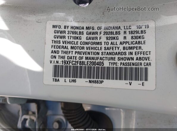 19XFC2F88LE200405 2020 HONDA CIVIC Белый Вид подкапотного пространства