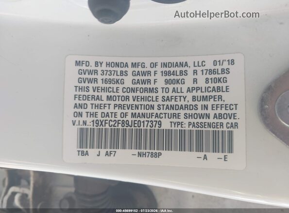 19XFC2F89JE017379 2018 HONDA CIVIC Белый Вид подкапотного пространства