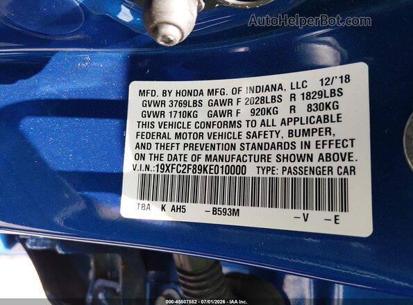 19XFC2F89KE010000 2019 HONDA CIVIC Blue Вид підкапотного простору