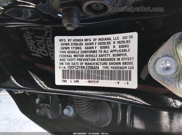 19XFC2F89LE206424 2020 HONDA CIVIC Black Widok komory silnika