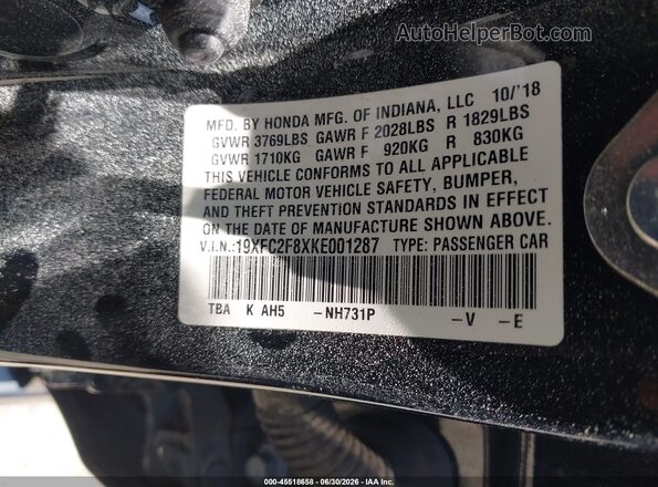 19XFC2F8XKE001287 2019 HONDA CIVIC Black Vista del compartimento del motor