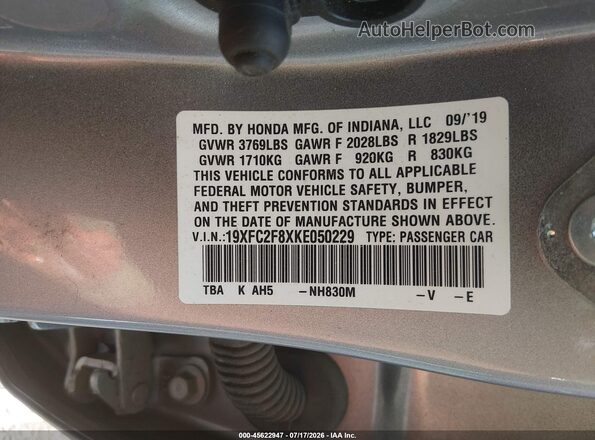 19XFC2F8XKE050229 2019 HONDA CIVIC Silver Вид підкапотного простору