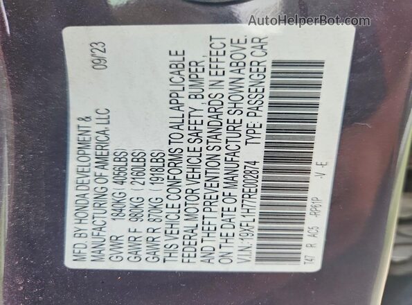 19XFL1H77RE002874 2024 HONDA CIVIC Black VIN კოდის სტიკერის ხედი