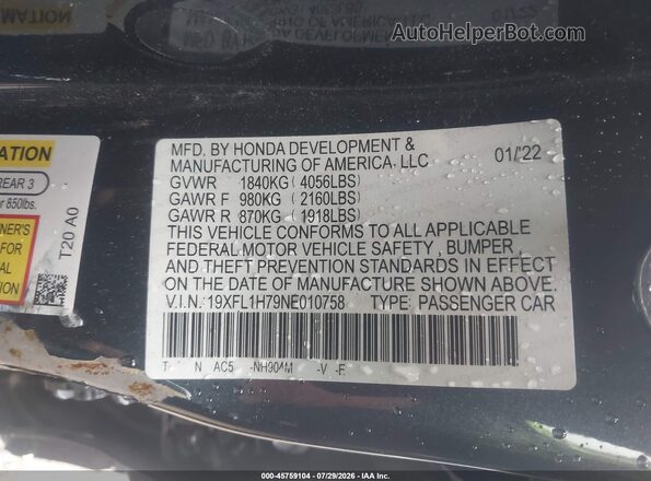 19XFL1H79NE010758 2022 HONDA CIVIC Blue Շարժիչի բաժամունքի տեսք