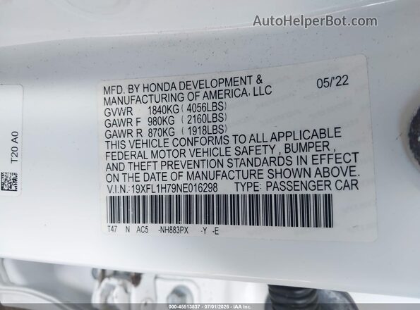 19XFL1H79NE016298 2022 HONDA CIVIC White Vista del compartimento del motor