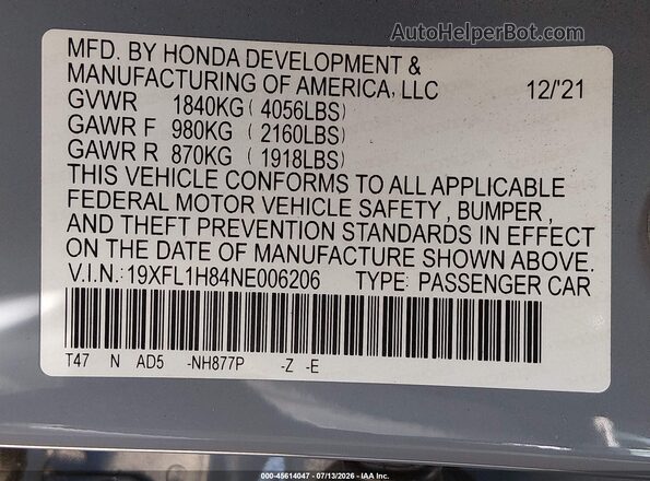 19XFL1H84NE006206 2022 HONDA CIVIC Gray Вид підкапотного простору