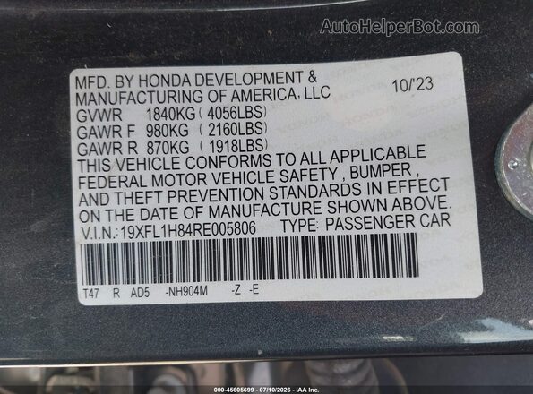 19XFL1H84RE005806 2024 HONDA CIVIC Gray ძრავის განყოფილების ხედი