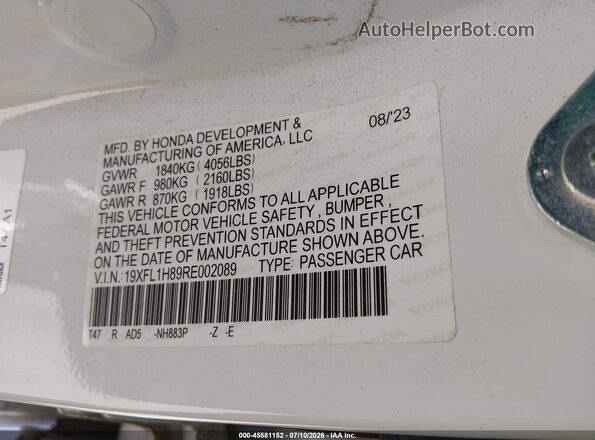 19XFL1H89RE002089 2024 HONDA CIVIC White Vista del compartimento del motor