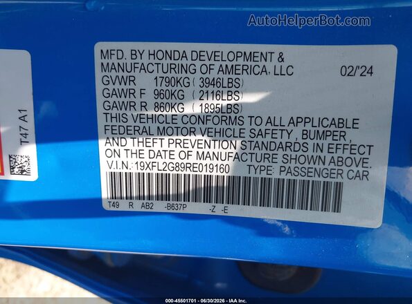 19XFL2G89RE019160 2024 HONDA CIVIC Blue Вид підкапотного простору
