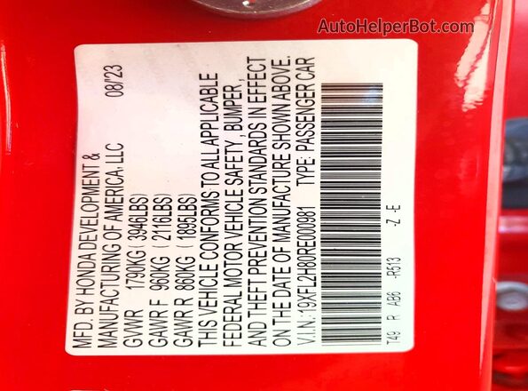 19XFL2H80RE000981 2024 HONDA CIVIC Red Շարժիչի բաժամունքի տեսք