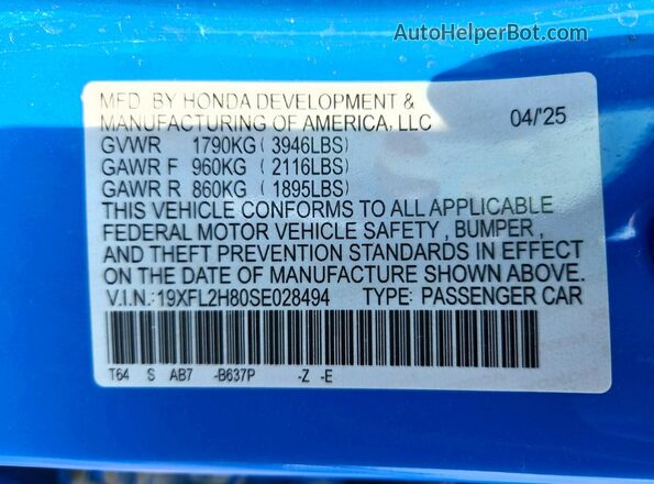 19XFL2H80SE028494 2025 HONDA CIVIC Blue Вид підкапотного простору