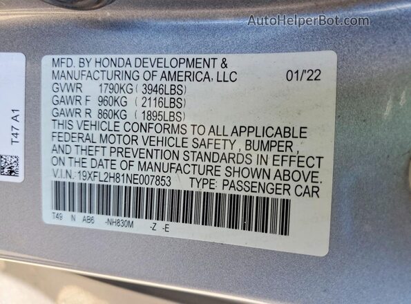19XFL2H81NE007853 2022 HONDA CIVIC Gray Вид наклейки з VIN-кодом