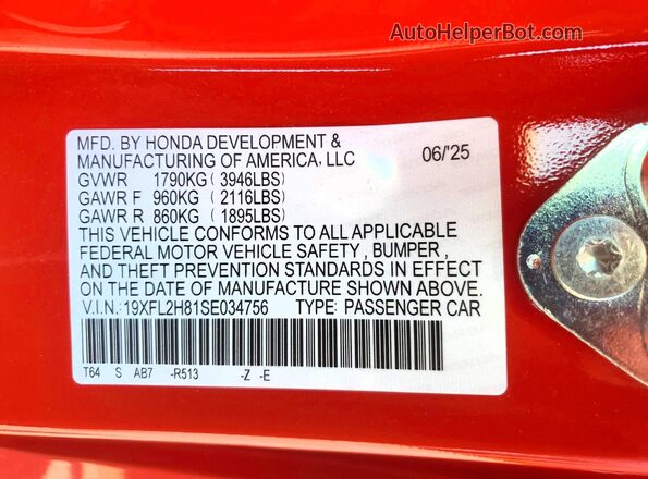19XFL2H81SE034756 2025 HONDA CIVIC Red VIN կոդի պիտակի տեսք