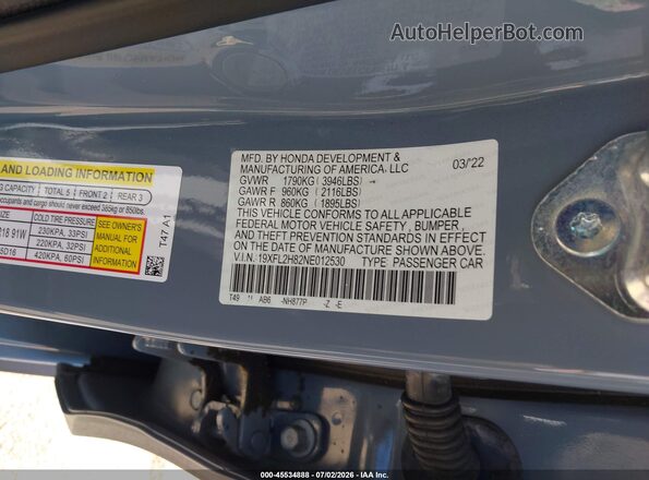 19XFL2H82NE012530 2022 HONDA CIVIC Blue Вид підкапотного простору