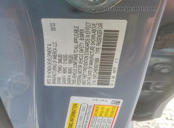 19XFL2H82NE015895 2022 HONDA CIVIC Gray Вид наклейки з VIN-кодом