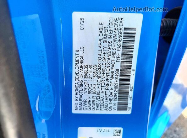 19XFL2H82TE014968 2026 HONDA CIVIC Blue VIN კოდის სტიკერის ხედი
