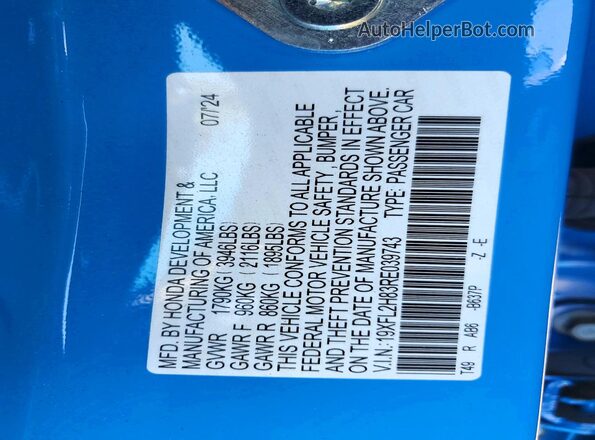19XFL2H83RE039743 2024 HONDA CIVIC Blue Շարժիչի բաժամունքի տեսք
