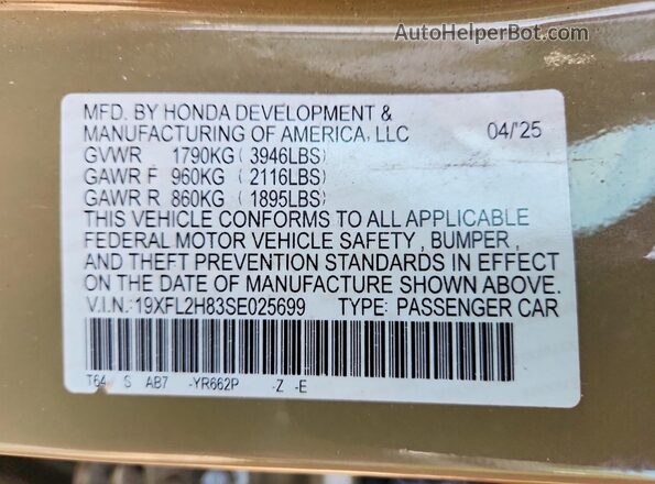 19XFL2H83SE025699 2025 HONDA CIVIC Cream ძრავის განყოფილების ხედი