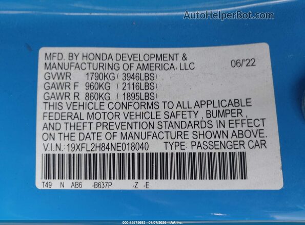 19XFL2H84NE018040 2022 HONDA CIVIC Blue ძრავის განყოფილების ხედი