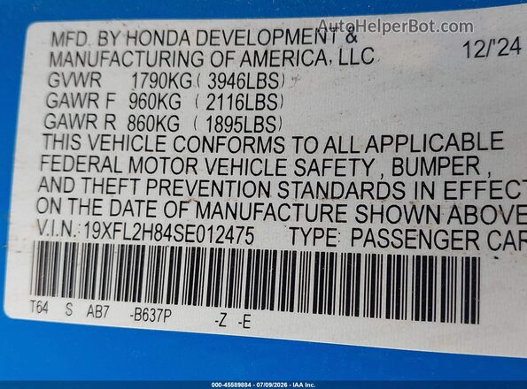 19XFL2H84SE012475 2025 HONDA CIVIC Blue Շարժիչի բաժամունքի տեսք