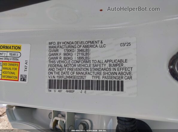 19XFL2H84SE022827 2025 HONDA CIVIC White Вид підкапотного простору