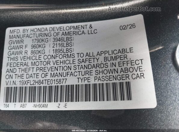 19XFL2H84TE015877 2026 HONDA CIVIC Blue ძრავის განყოფილების ხედი
