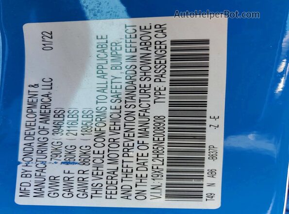 19XFL2H85NE008908 2022 HONDA CIVIC Blue Engine compartment view