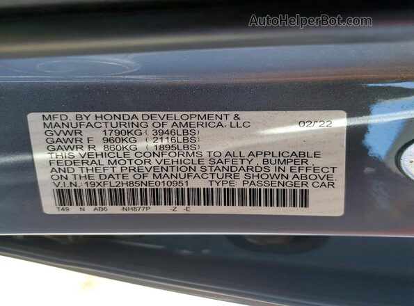 19XFL2H85NE010951 2022 HONDA CIVIC Gray VIN կոդի պիտակի տեսք