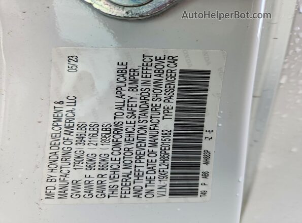 19XFL2H85PE015182 2023 HONDA CIVIC Белый Вид наклейки с VIN-кодом